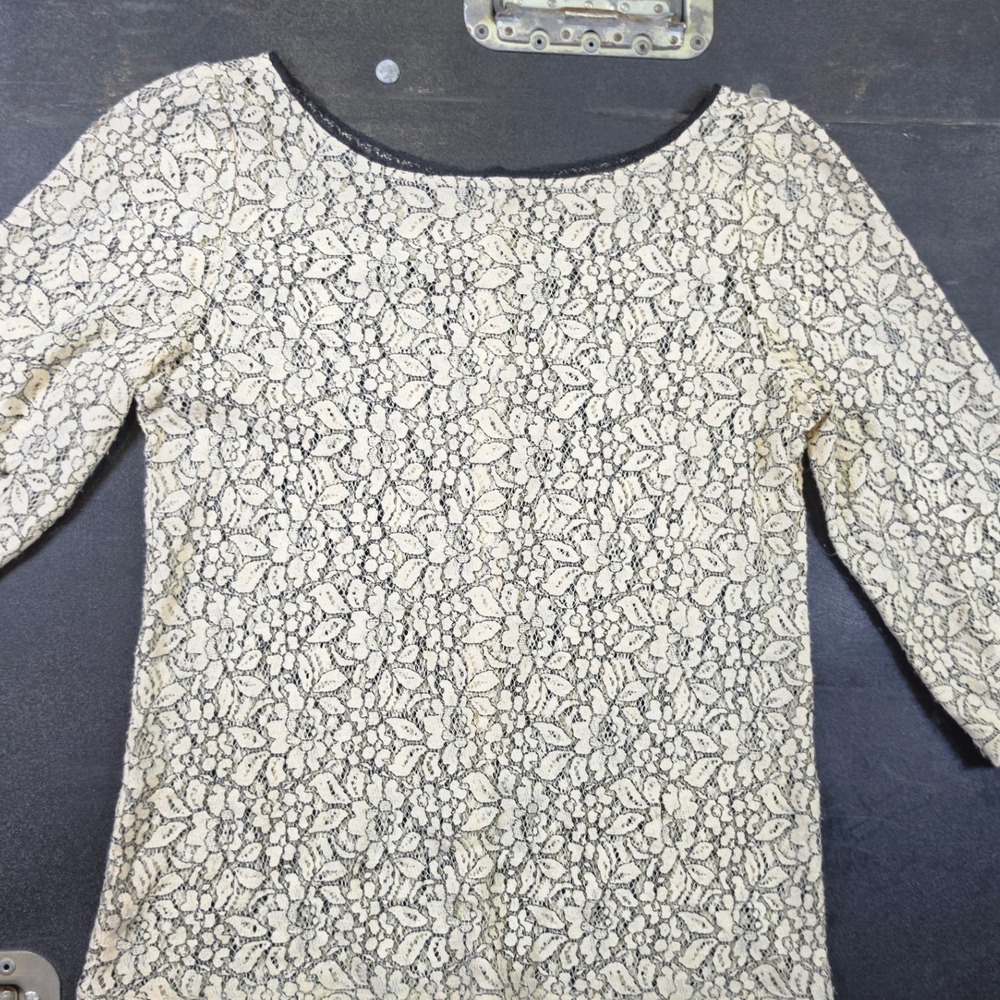 Ann Taylor Loft Cream Black Floral Lace Scoop Neck 3/4 Sleeve Top XS